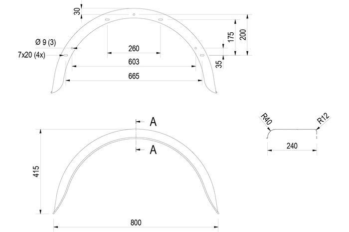 Stänkskärm till trailer 15-16" DE HAAN HR 2480 hjulhus 800/240mm