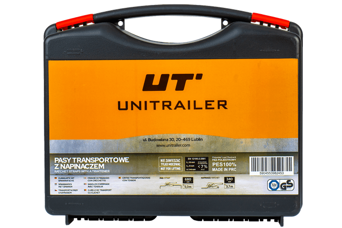 Set med fyra UNITRAILER 4m/25mm/0.68t orange transportband med spännare i en resväska