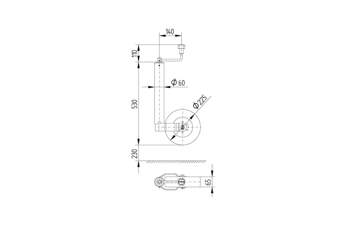 Stödhjul med klämma KNOTT TK60+KLE60 250kg 60mm 530-760mm