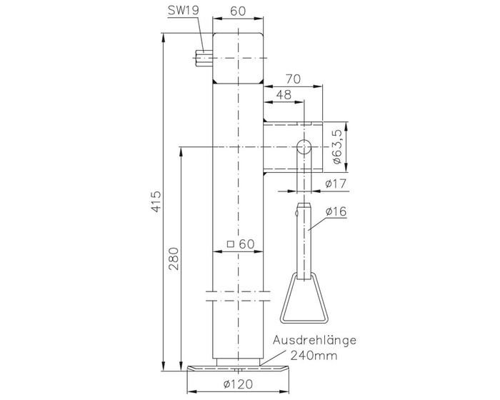 WINTERHOFF SF60-19-280 utdragbart vevstöd för 1300 kg flaksläp 415-655 mm